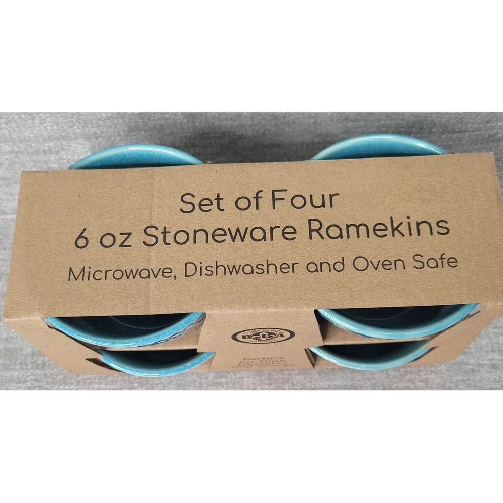 BIA Cordon Bleu 6 oz Stoneware Ramekins Set of 4 Blue White Patterned Bowls NEW
